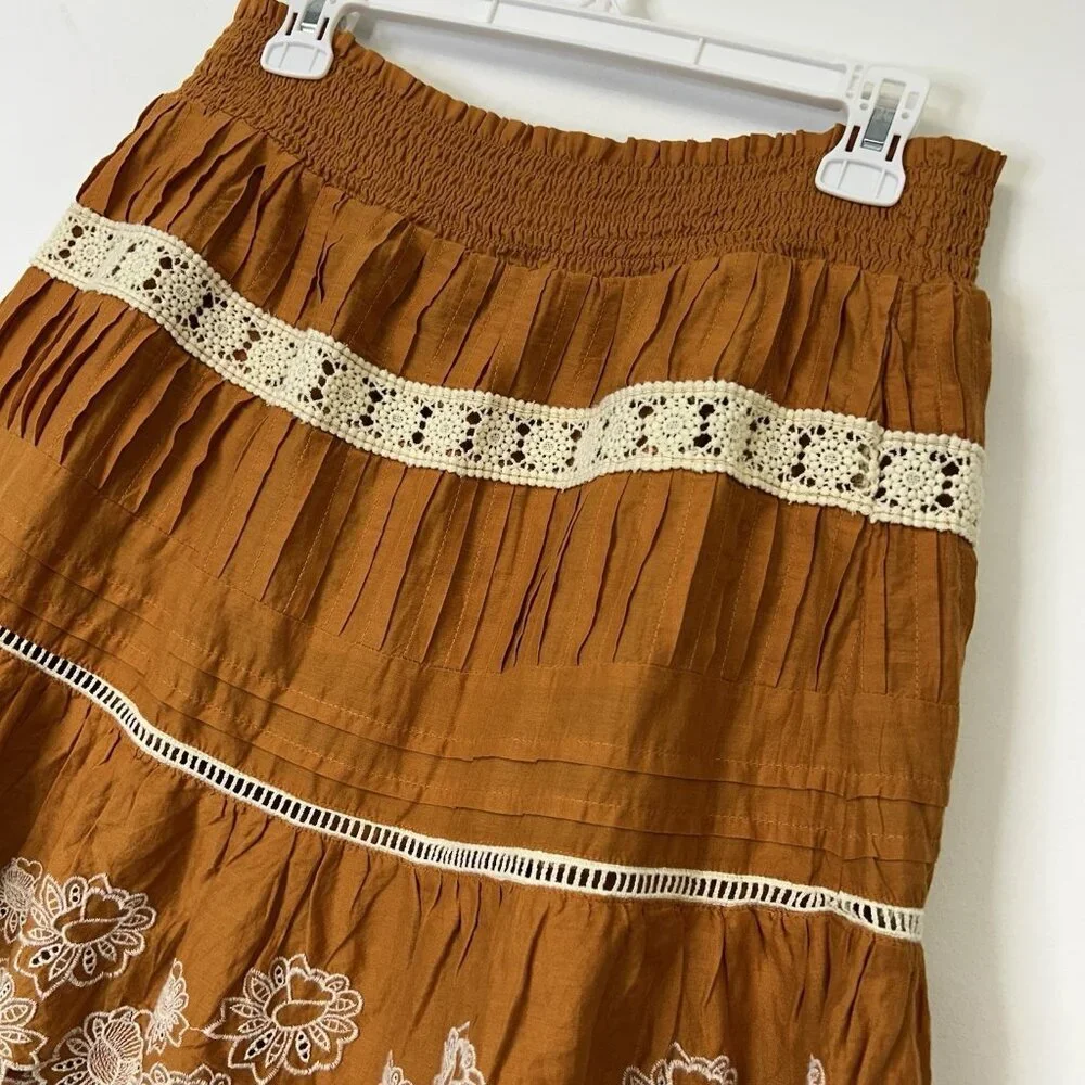 Anthropologie Smocked‎ Waist Skirt Womens Size Large Pumpkin Orange Embroidered
